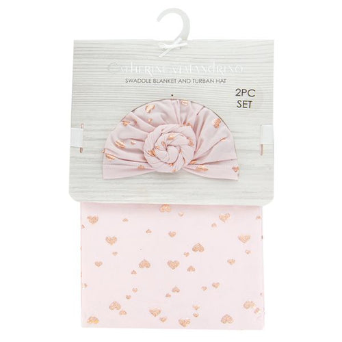Pink Heart Cotton Baby Girl Swaddle Blanket & Cap Gift Set