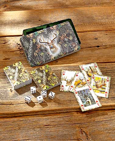 River's Edge Mossy Oak Deer Set of 2 Card Decks And Dice Gift Tin