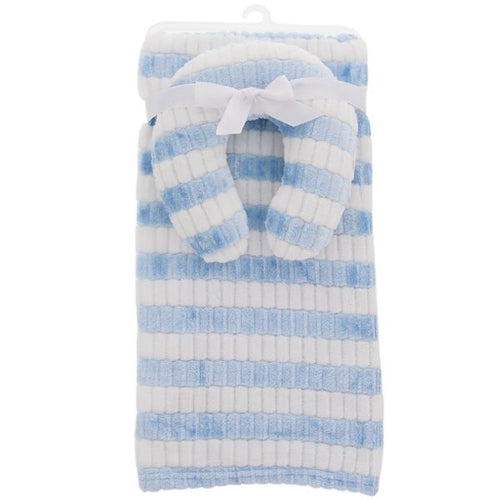Super Soft Blue Striped Baby Boy Blanket with Baby Neck Support Pillow