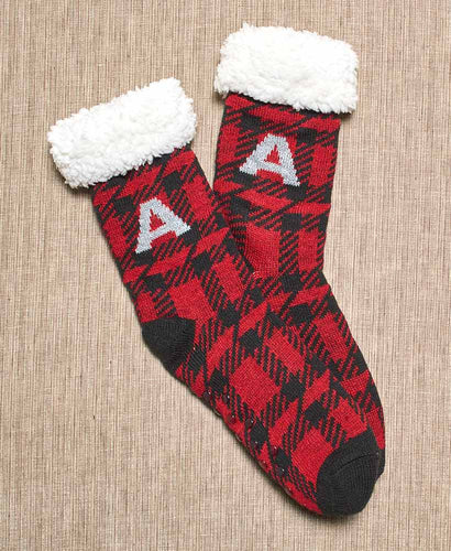 Women’s Red Plaid Christmas Slipper Socks with Initial Monogram - A