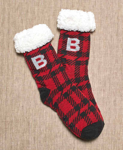Women’s Red Plaid Christmas Slipper Socks with Initial Monogram - B