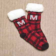 Women’s Red Plaid Christmas Slipper Socks with Initial Monogram - M