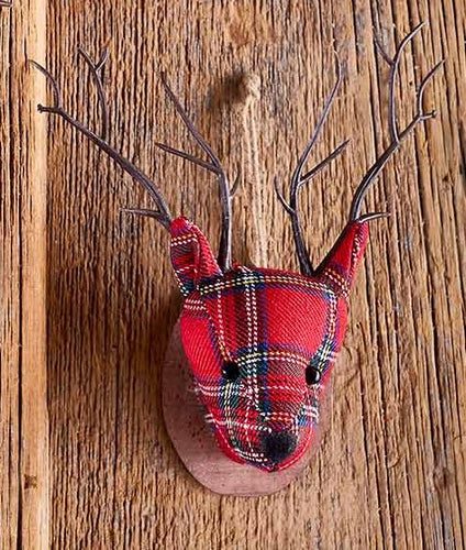 Red Thin Plaid Plush Deer Head Hanging Ornament Holiday Decor Gifts
