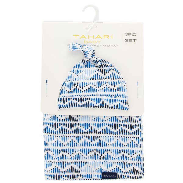 Blue Cotton Baby Boy Swaddle Blanket & Cap Gift Set