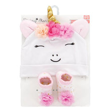 Load image into Gallery viewer, Baby Girl Unicorn Baby Hat &amp; Baby Bootie Set