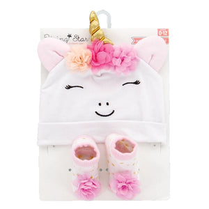 Baby Girl Unicorn Baby Hat & Baby Bootie Set