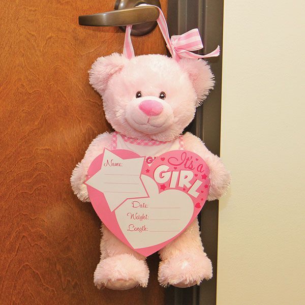 Hanging Baby Girl Birth Announcement Bear