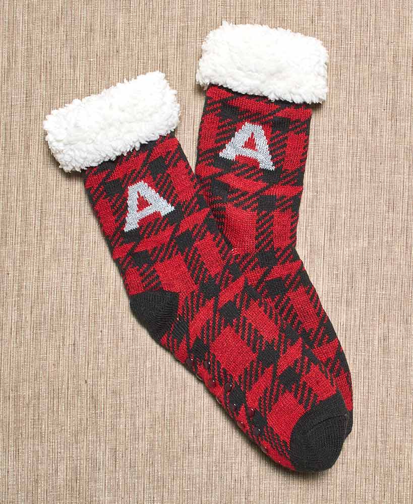 Women’s Red Plaid Christmas Slipper Socks with Initial Monogram - A